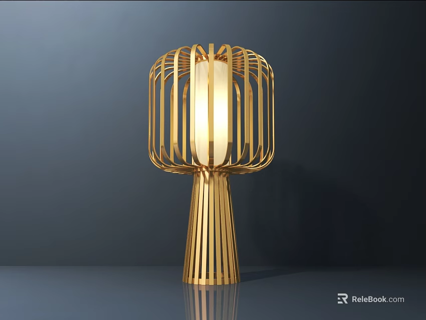 Golden Modern Table Lamp With Hollowed Out Shade And Striped Stand 3d model 