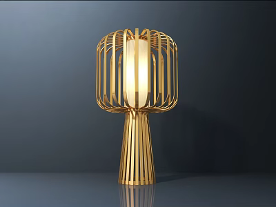 Golden Modern Table Lamp With Hollowed Out Shade And Striped Stand 3d model