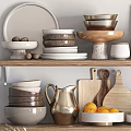 Rustic Kitchen Shelves Display With Bowls Plates Wooden Cutting Boards And Wheat Decor