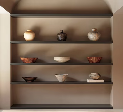 Ceramic Vessels And Bowls In Earthen Tones Displayed On Floating Shelves 3d model