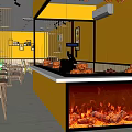 Bright Yellow Restaurant Interior With Glass Display Case Hanging Meat And Flame Decoration