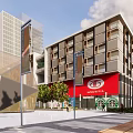 Modern Commercial Street With High Rise Buildings Open Plaza And Greenery
