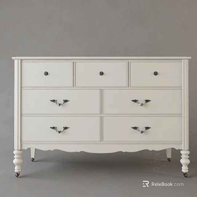 White Classic Vanity Dresser With Multiple Drawers Black Knobs And Carved Legs 3d model