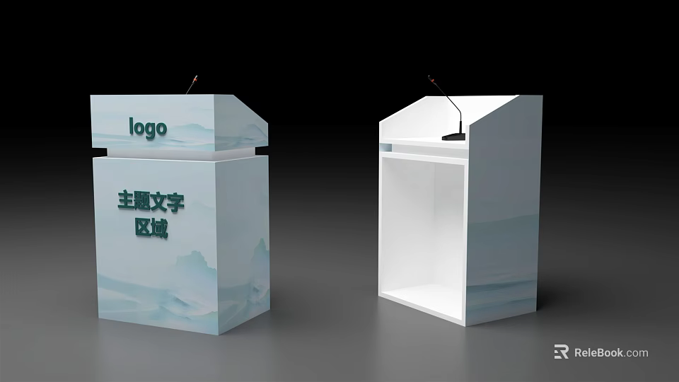 White Functional Desks With Logo Area Theme Text Section And Microphone 3d model