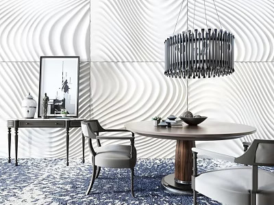 Modern Console Table With Wavy White Wall Black Chandelier Round Wooden Table Chairs And Decor 3d model