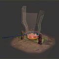 Traditional Long Handled Pan For Outdoor Cooking With Flame Firewood And Meat Pieces