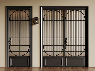 Elegant Black Double Doors With Glass Panel Frames Wall Lamp And Wooden Floor 3d model