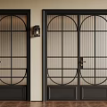 Elegant Black Double Doors With Glass Panel Frames Wall Lamp And Wooden Floor