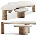 Modern Coffee Table Set With Curved Large And Round Small Travertine Tops And Stone Legs