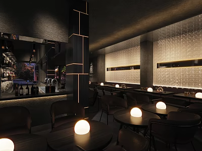 Modern Stylish Bar Interior With Round Pendant Lights Comfortable Seats And Decorative Wall 3d model