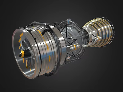 Turbine Engine 3D Model with Internal Structure Metallic Components and Transparent Casing Design 3d model