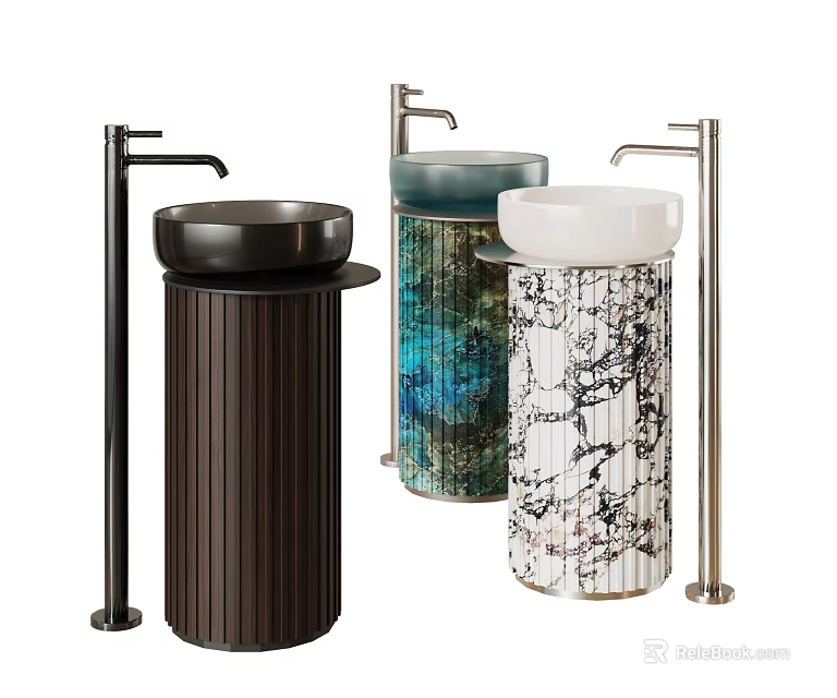 Modern Unique Column Washbasins With Various Designs Colors And Metal Faucets 3d model 