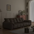 Brown Leather Double Sofa in Modern Living Room with Wooden Floor and Decorative Elements