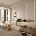Modern Minimalist Living Room Interior With Beige Sofa Throw Pillows Decorative Painting And Potted Plant