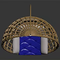 Elegant Rattan Hanging Chair With Round Frame And White And Blue Cushion For Comfortable Seating