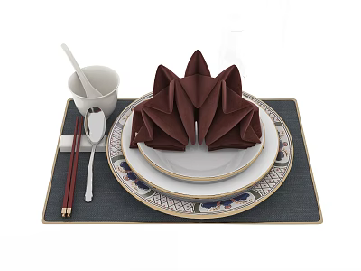 Elegant Dinnerware Set With Folded Brown Napkins Chopsticks Spoon And Patterned Plates On Placemat 3d model