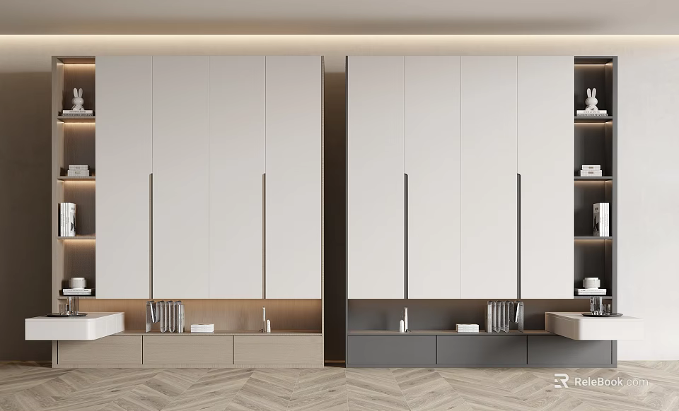 Modern Sleek Wardrobe Interior Design With Symmetric White Panels Open Shelves And Drawers 3d model 