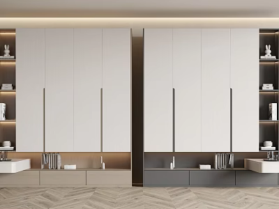Modern Sleek Wardrobe Interior Design With Symmetric White Panels Open Shelves And Drawers 3d model