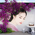 Charming Traditional Photo Spot With Purple Flowers Ancient Figure Wall And Stools