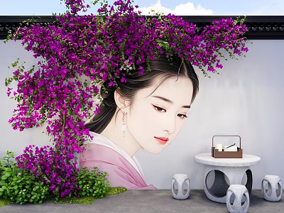 Charming Traditional Photo Spot With Purple Flowers Ancient Figure Wall And Stools 3d model