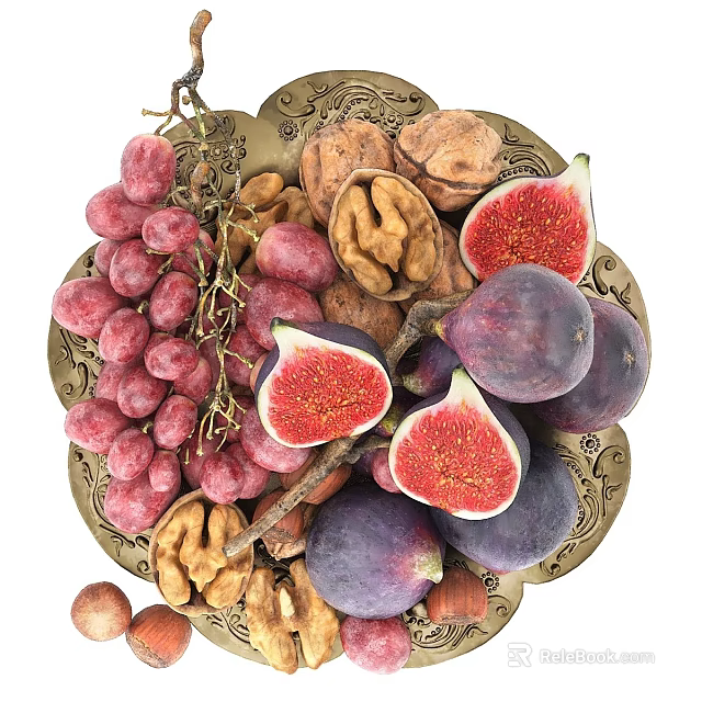 Assorted Fresh Fruits On Golden Plate With Grapes Figs Walnuts And Hazelnuts 3d model 