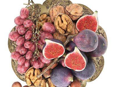 Assorted Fresh Fruits On Golden Plate With Grapes Figs Walnuts And Hazelnuts 3d model