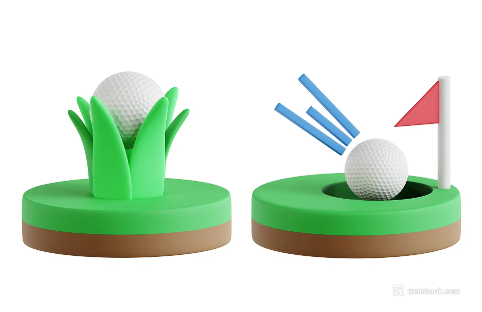 Garden Ornaments Featuring Green Grass Golf Ball Hole Red Flag And Blue Clubs 3d model 