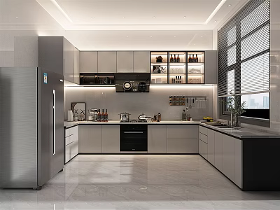 Modern Kitchen Interior With Silver Refrigerator Gray Cabinets Blinds Oven And Range Hood 3d model