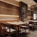Japanese Restaurant Interior With Wooden Counter Dining Tables Chairs Warm Lighting And Minimalist Decor