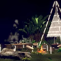 Outdoor Garden Landscape With Illuminated Tepee Campfire Dining Table And Lush Green Plants