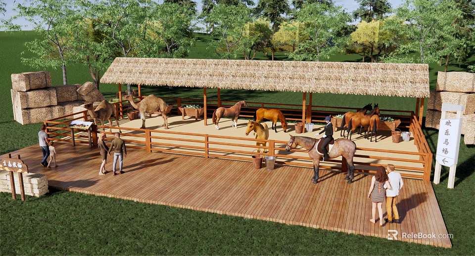 Outdoor Animal Enclosure With Thatched Roof Shelter Camels Horses And Wooden Deck Where People Interact 3d model 