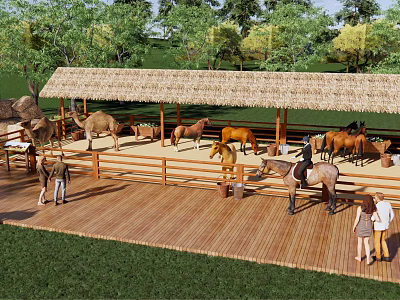 Outdoor Animal Enclosure With Thatched Roof Shelter Camels Horses And Wooden Deck Where People Interact 3d model