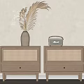 Wooden Bedside Nightstands With Rattan Panels Drawer Vase And Radio Decor