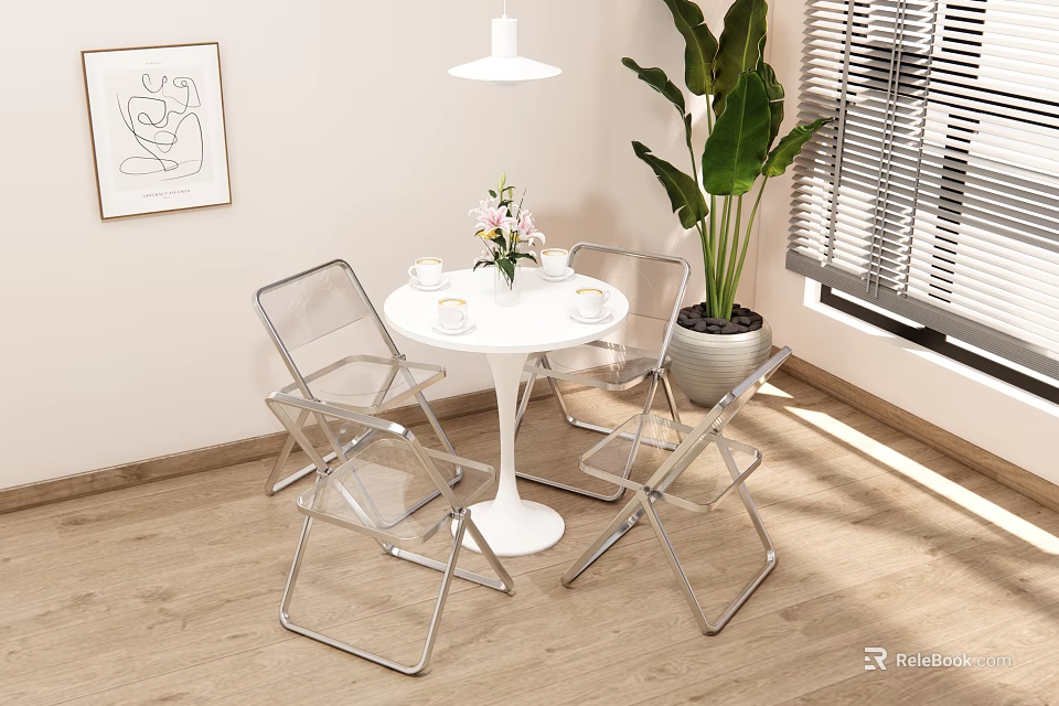 Lounge Room Interior With Transparent Chairs White Round Table Green Plant And Wall Art 3d model 