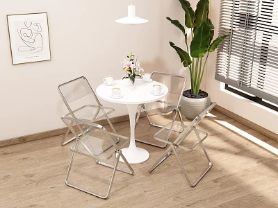 Lounge Room Interior With Transparent Chairs White Round Table Green Plant And Wall Art 3d model
