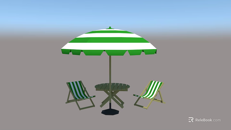 Outdoor Table and Chairs Set With Green White Striped Umbrella and Folding Seats 3d model 