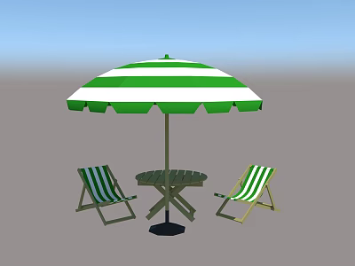 Outdoor Table and Chairs Set With Green White Striped Umbrella and Folding Seats 3d model
