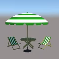 Outdoor Table and Chairs Set With Green White Striped Umbrella and Folding Seats
