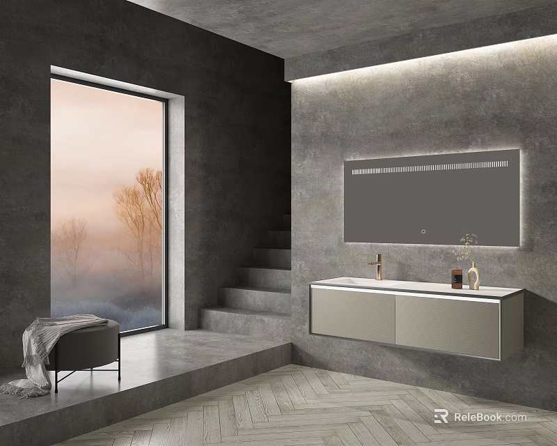 Modern Bathroom Vanity Interior With Wall Mounted Design Gray Concrete Walls And Herringbone Floor 3d model 