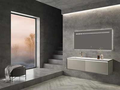 Modern Bathroom Vanity Interior With Wall Mounted Design Gray Concrete Walls And Herringbone Floor 3d model