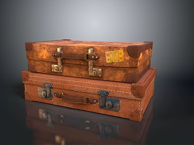 Vintage Leather Suitcases Stacked with Metal Locks and Name Tags 3d model