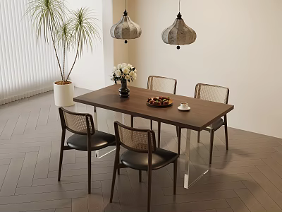Modern Dining Table Setup With Four Chairs White Flowers Fruit Platter And Pendant Lights 3d model