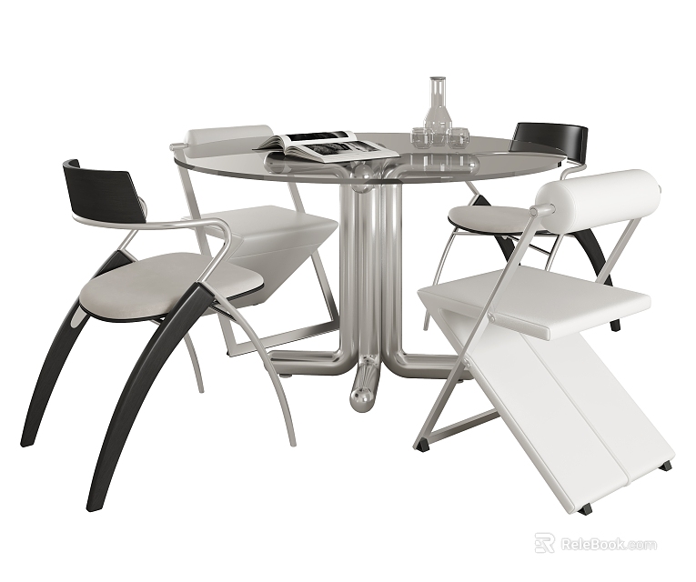 Modern Round Glass Top Dining Table Set with Metal Frame and Black White Folding Chairs 3d model 