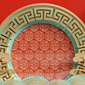 Traditional Chinese Decorative Design Red Background Circular Frame Meander Cloud Wave Patterns And Red Lanterns 3d model