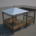Open Air Outdoor Wooden Pergola With Roof Seats Table And Railings