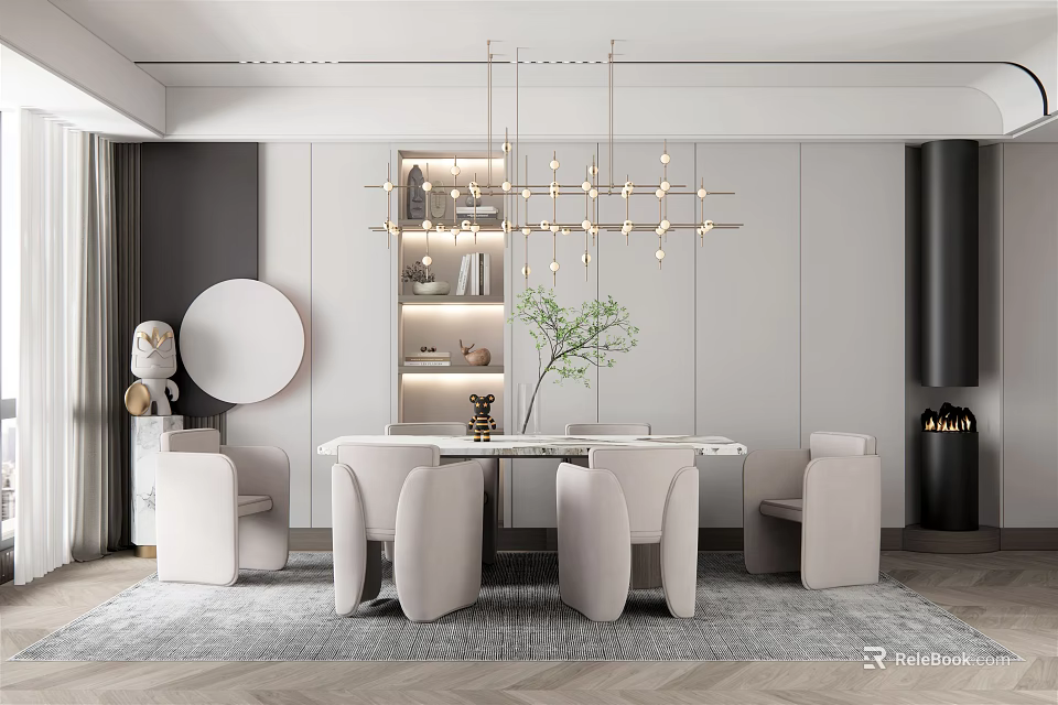 Modern Elegant Restaurant Interior With White Dining Table Chairs Grey Walls And Pendant Lights 3d model 