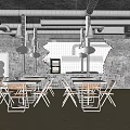 Industrial Restaurant Interior With Exposed Pipes Gray Walls Pendant Lights Wood Metal Tables And Chairs