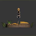 Kitchen Knife with Orange Handle on Wooden Cutting Board and Lemon Slices with Green Grass
