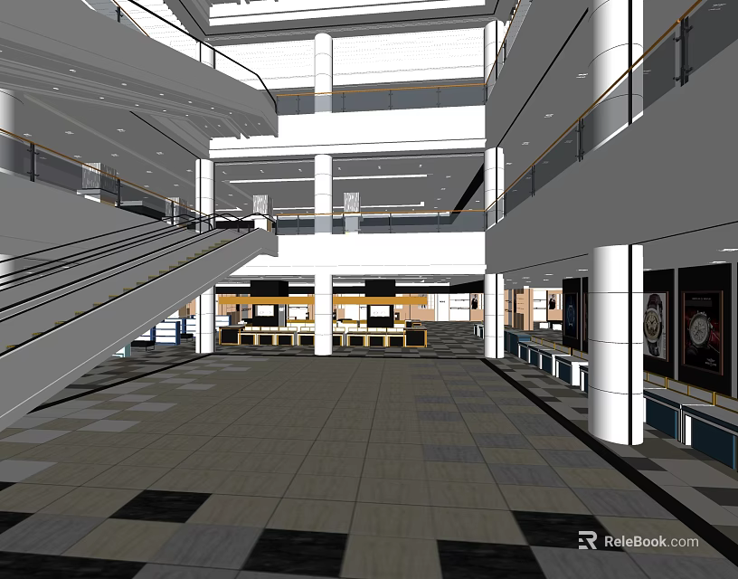 Spacious Shopping Mall Lobby With Escalators Multiple Floors Tiled Floor And Shop Counters 3d model 