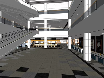 Spacious Shopping Mall Lobby With Escalators Multiple Floors Tiled Floor And Shop Counters 3d model